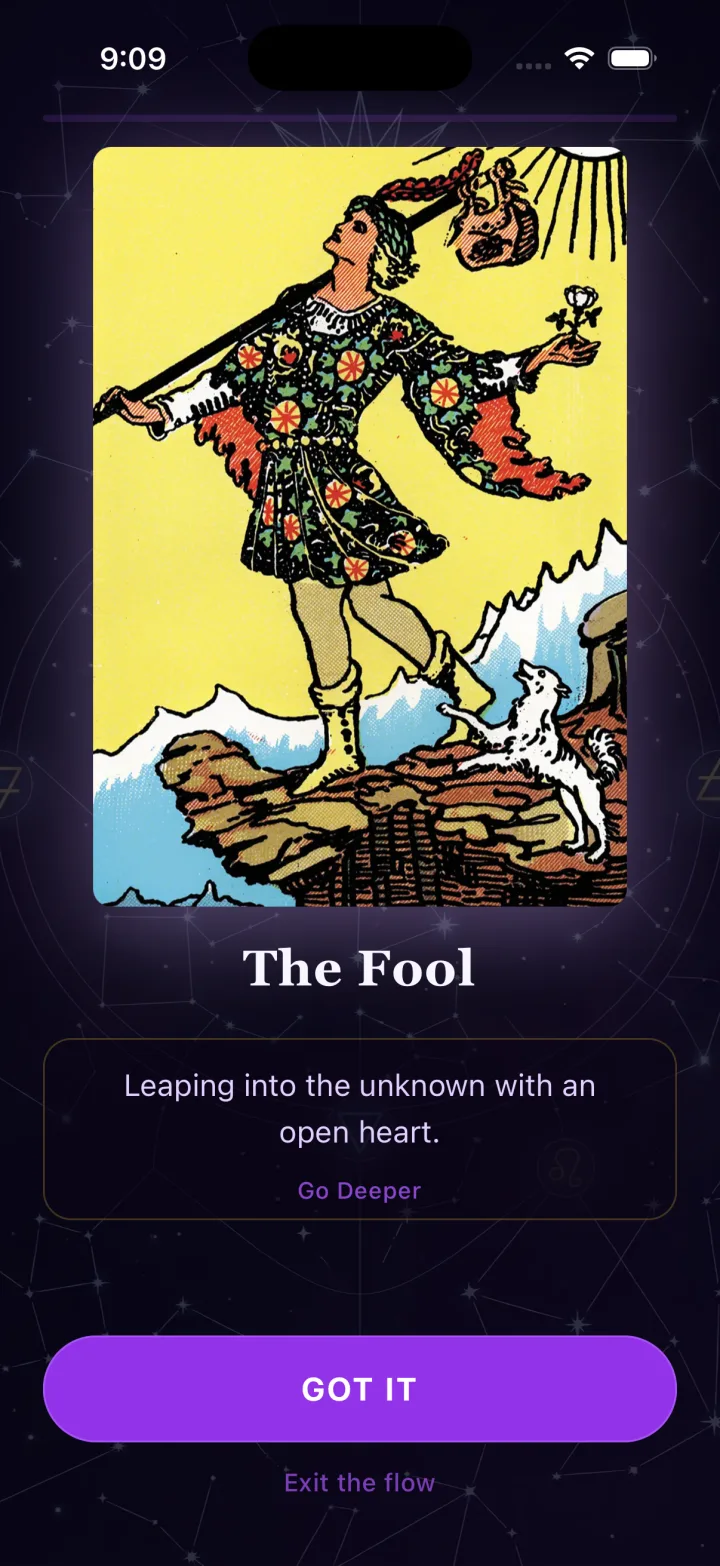 Echo Arcana — The Fool card detail with its upright meaning