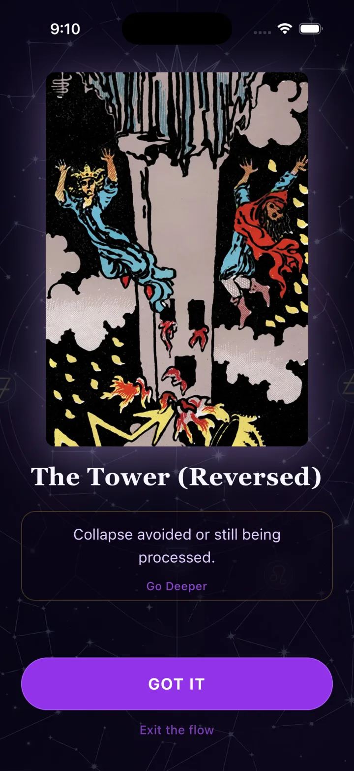Echo Arcana — The Tower reversed, showing its reversal meaning